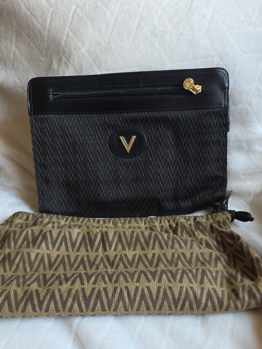 Mario Valentino Black Clutch with Gold V Emblem